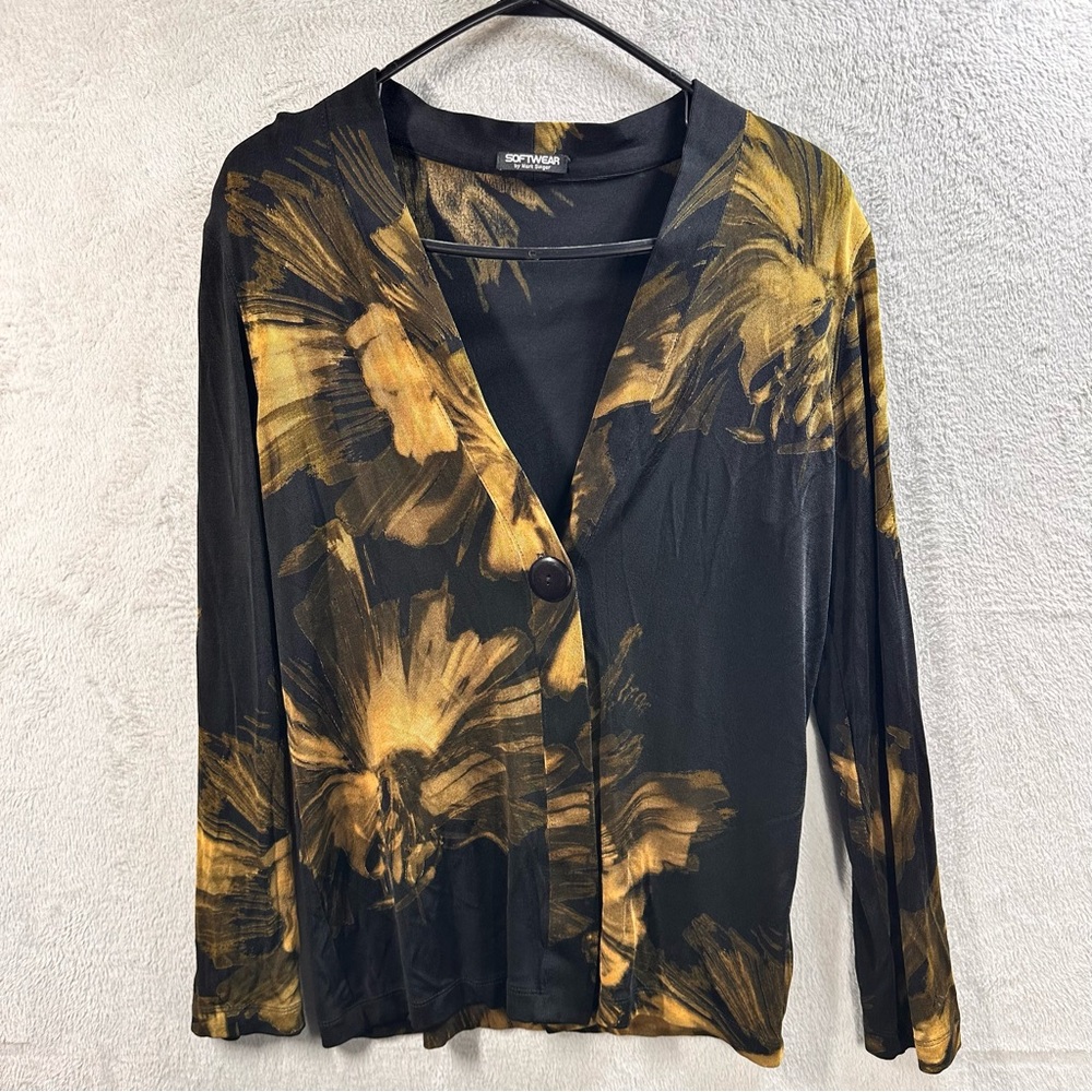 Softwear Mark‎ Singer Black Slinky Floral Cardigan Artsy Travel Easy Care Size M